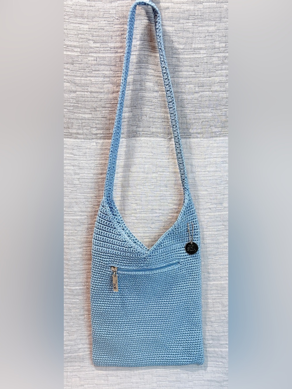 THE SAK Handbag Light Blue Crocheted Hobo Shoulder Crossbody Bag Purse